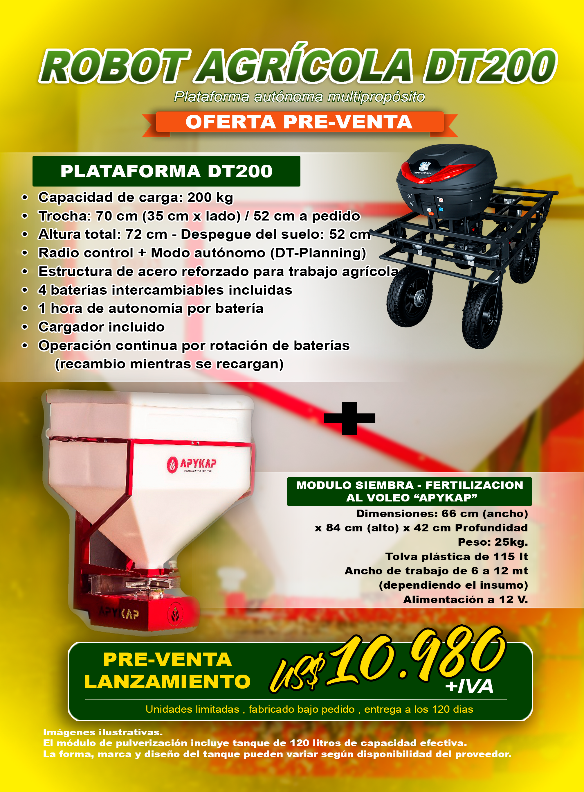 MÓDULO DE SIEMBRA / FERTILIZACIÓN AL VOLEO + ROBOT AGRICOLA DT200